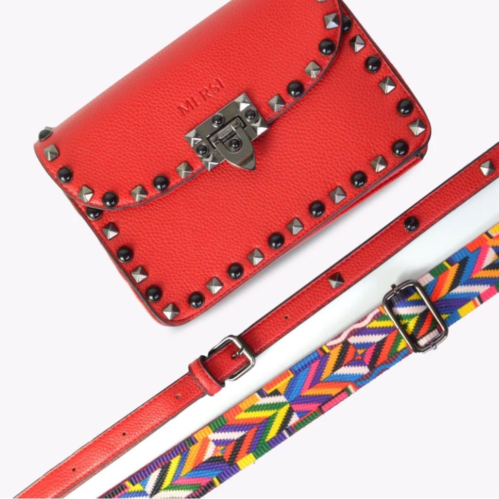 Ruby Red Crossbody Bag With Rainbow Strap - image 2
